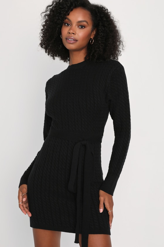Black Sweater Dress - Cable Knit Sweater Dress - Mini Dress - Lulus