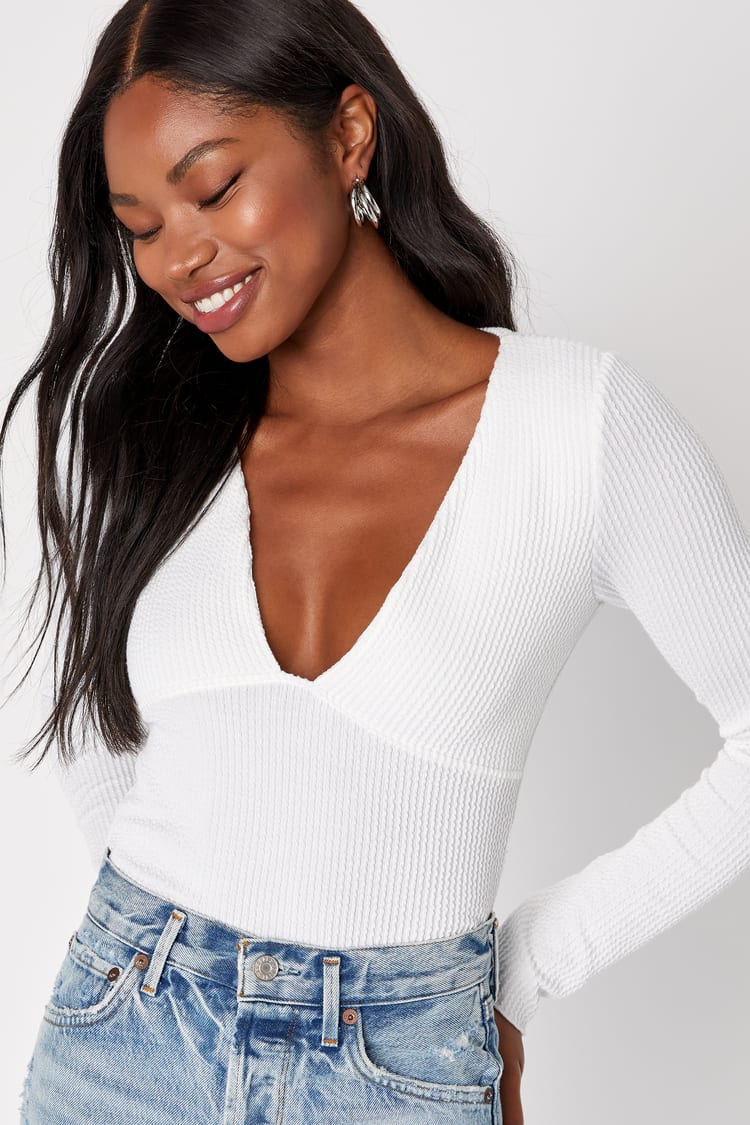 White Long Sleeve Top - Textured Ribbed Top - V-Neck Top - Lulus