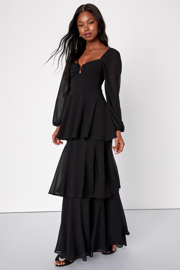 Pretty Black Dress - Tiered Maxi Dress - Balloon Sleeve Dress - Lulus