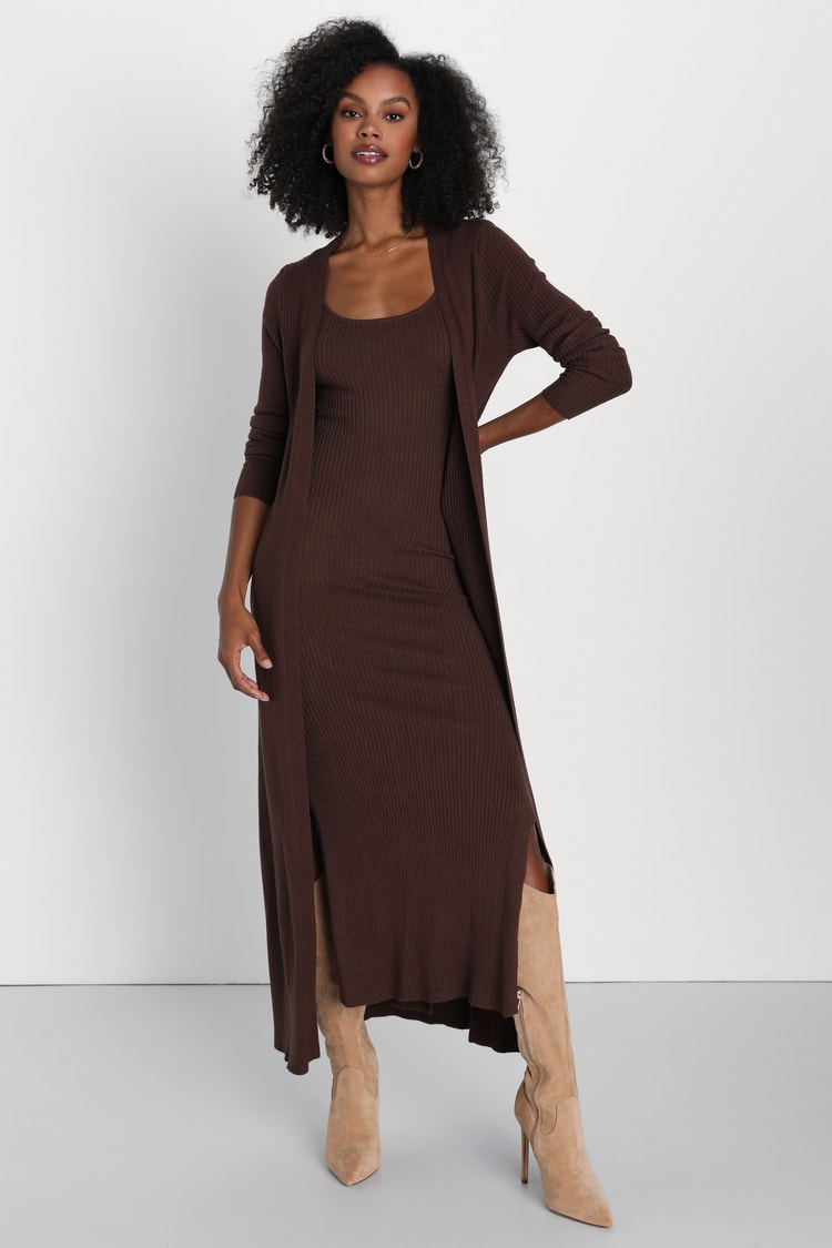 Layer Lover Brown Ribbed Knit Two-Piece Dress & Cardigan Set