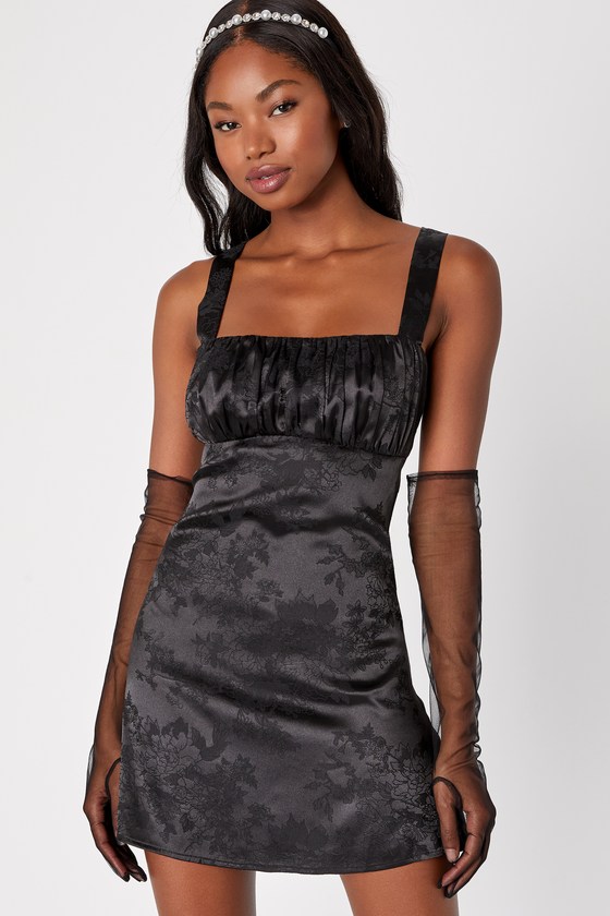Black Satin Dress - Floral Jacquard Dress - Sleeveless Mini Dress