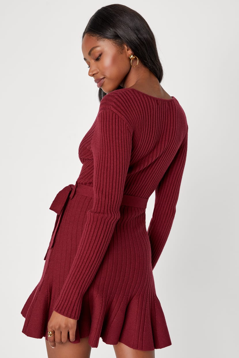 Burgundy Dress - Sweater Dress - Skater Sweater Dress - Lulus