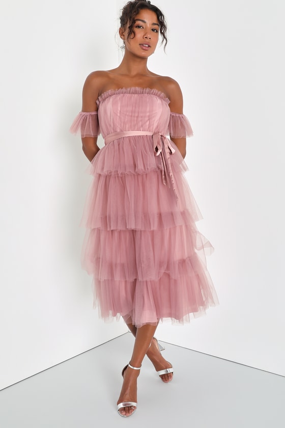 Mauve Tulle Dress - Off-the-Shoulder Tiered Dress - Midi Dress - Lulus