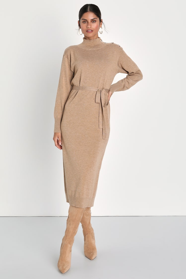 Heather Beige Knit Dress - Midi Sweater Dress - Mock Neck Dress - Lulus