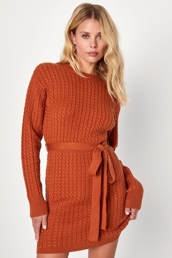 Rust Orange Sweater Dress Cable Knit Sweater Dress Mini Dress Lulus