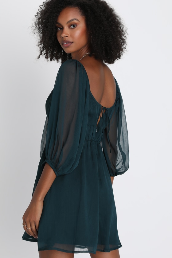 Vivacious Arrival Emerald Chiffon Balloon Sleeve Mini Dress