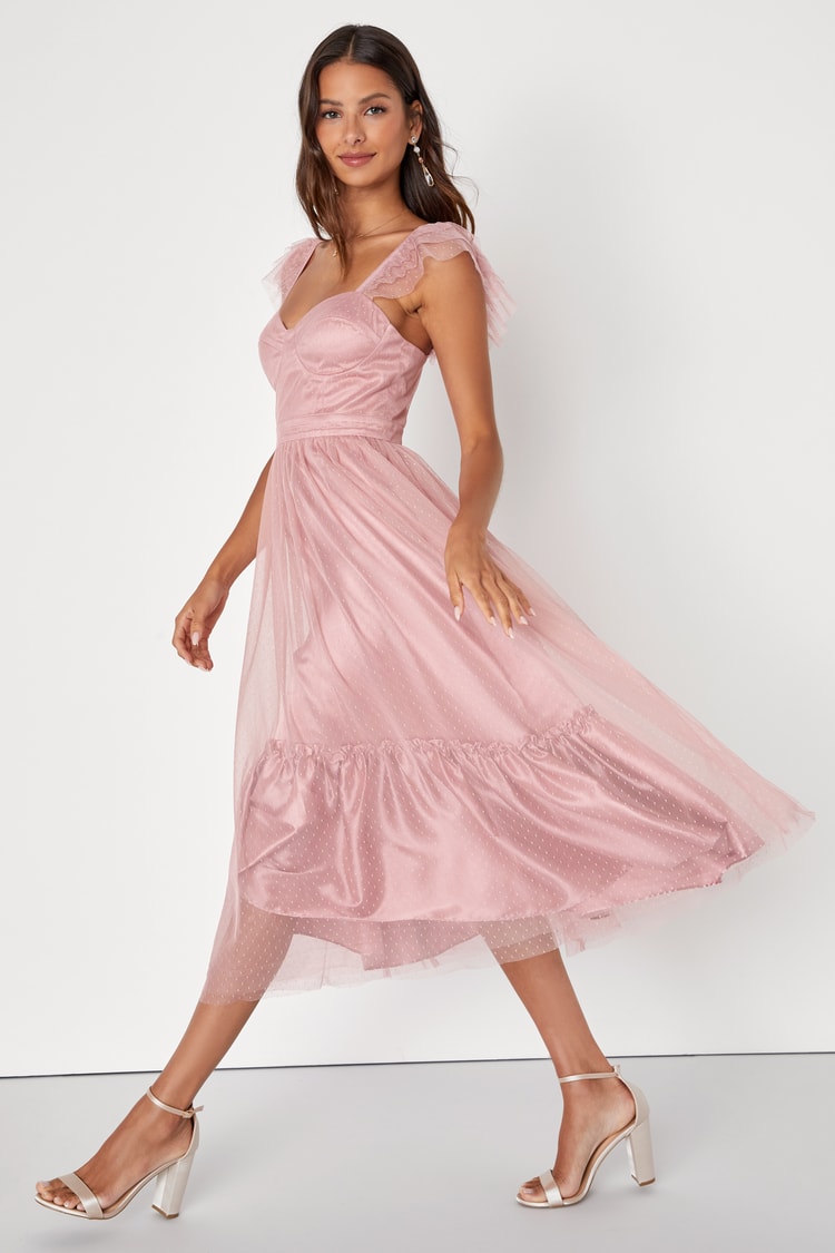 Pink Ruffled Swiss Dot Dress - Tulle Dress - Bustier Midi Dress - Lulus