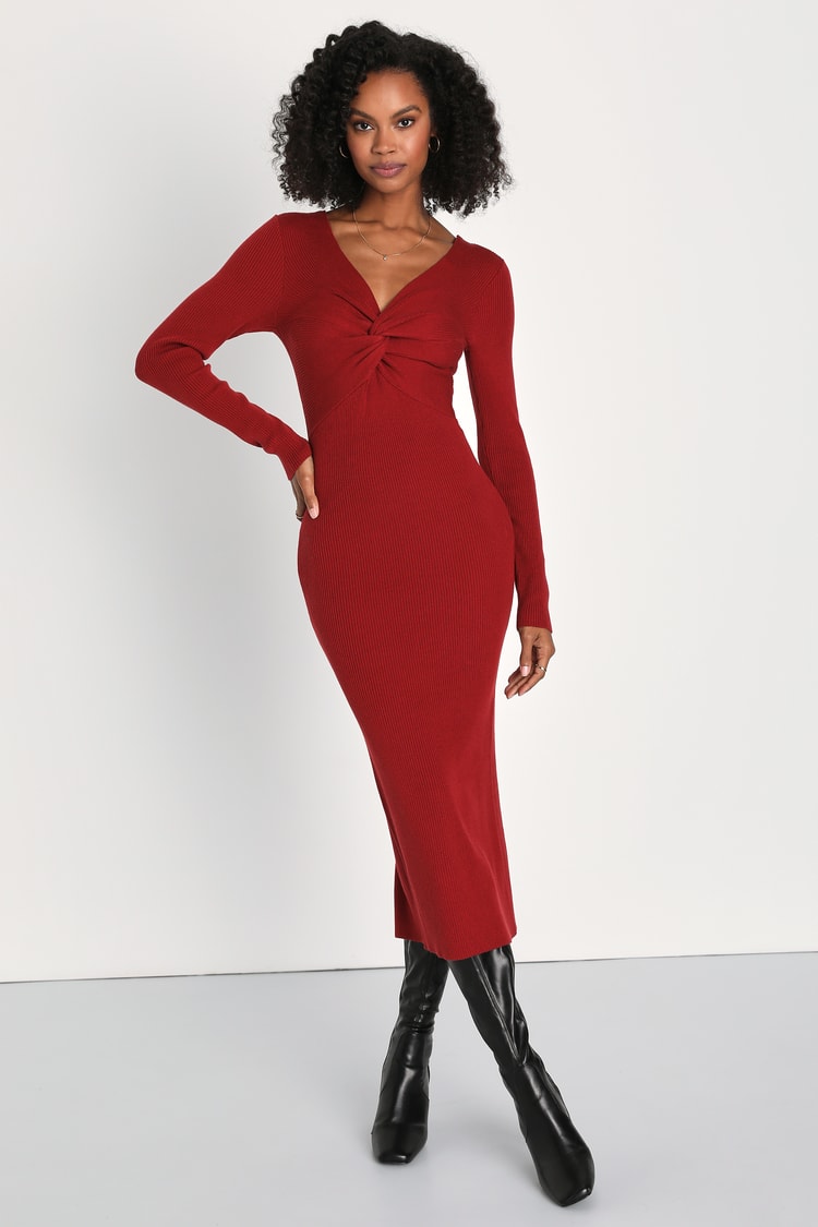 Chic Rust Red Dress - Midi Sweater Dress - Twist-Front Dress - Lulus