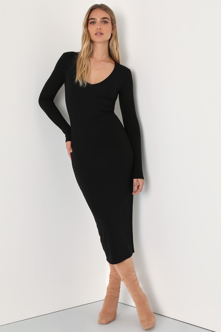 Black Jersey Knit Dress - Long Sleeve Dress - Bodycon Midi Dress - Lulus
