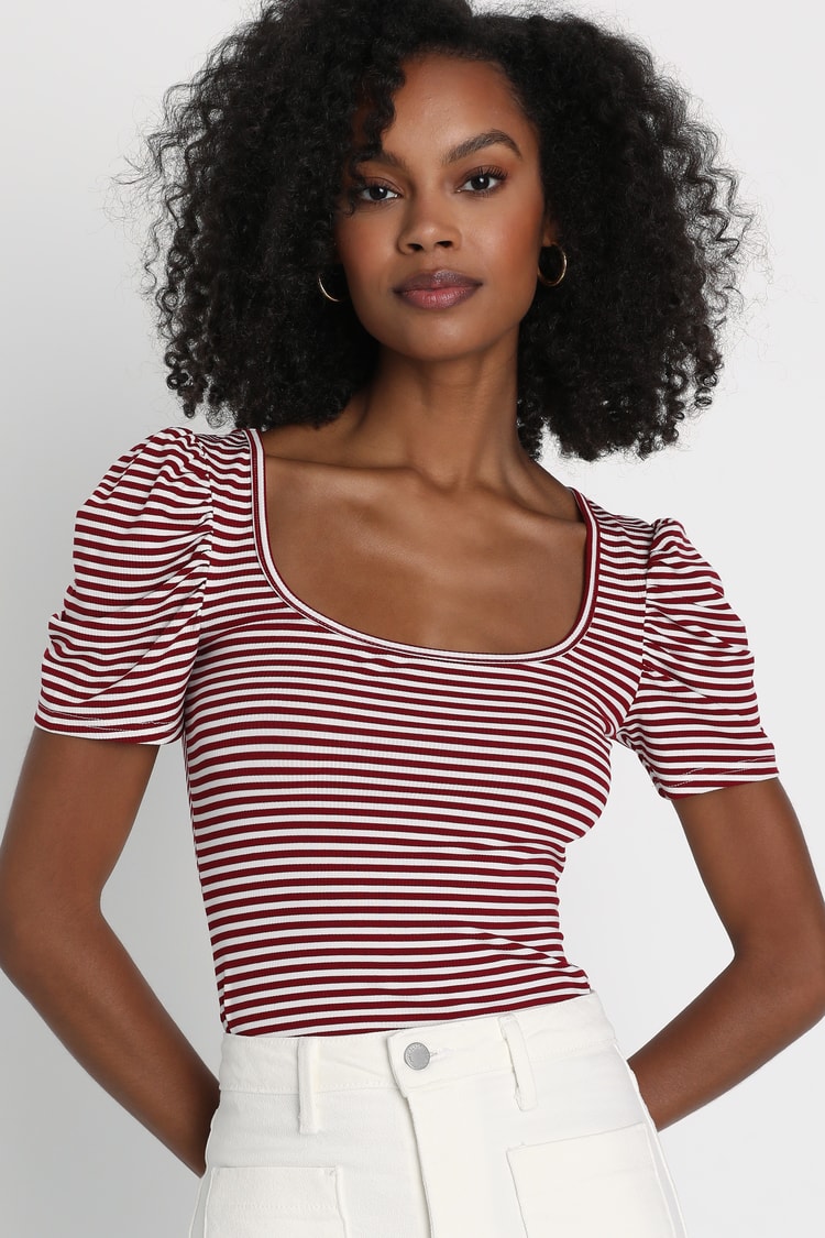 Red and White Striped Top - Short Sleeve Top - Ruched Top - Lulus