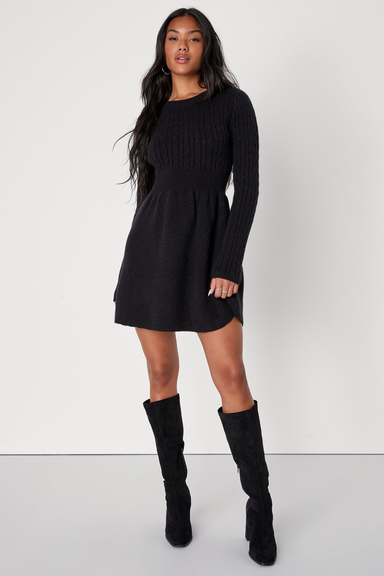 Black Sweater Dress - Cable Knit Sweater Dress - Skater Dress - Lulus