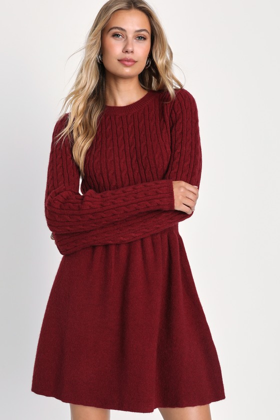 Burgundy Sweater Dress Cable Knit Dress Skater Sweater Dress Lulus