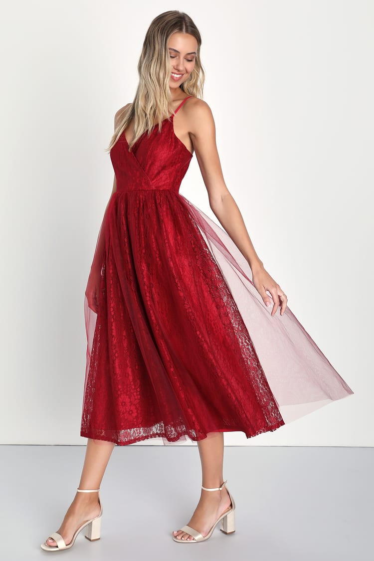 Red Sleeveless Midi Dress - Floral Lace Dress - Tulle Dress - Lulus