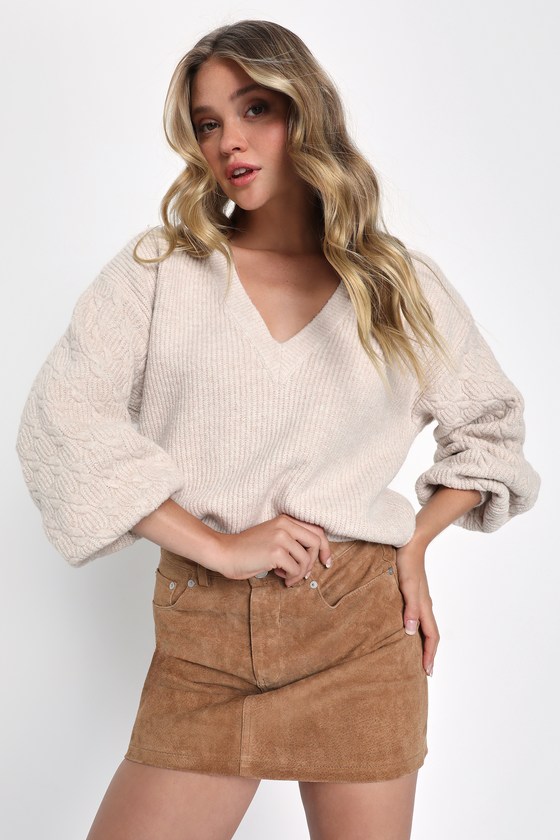 Heather Beige Sweater - Cable Knit Sweater - Ribbed Pullover - Lulus