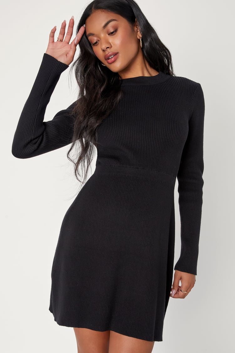 Black Ribbed Dress - Mini Sweater Dress - Long Sleeve Dress - Lulus