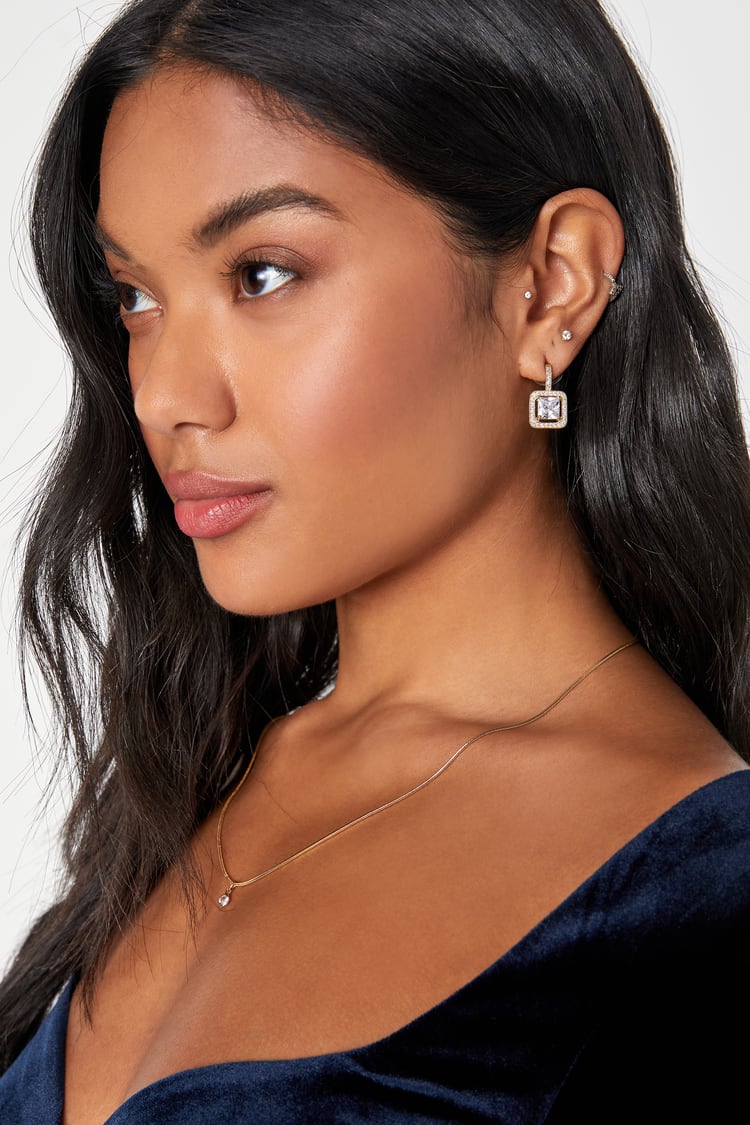 Gold Square Earrings - Rhinestone Earrings - Geometric Earrings - Lulus