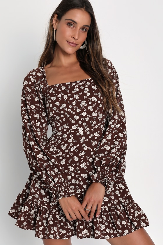 Brown Mini Dress - Long Sleeve Mini Dress - Floral Mini Dress - Lulus