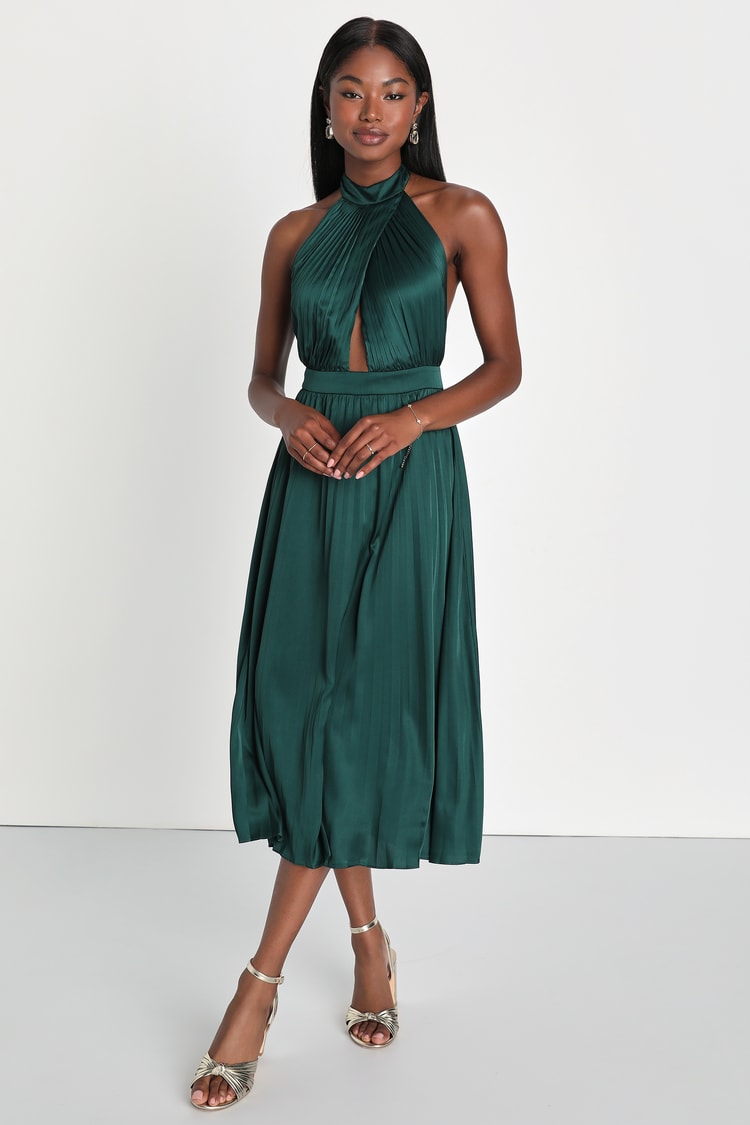 Emerald Dress - Pleated Satin Midi Dress - Halter Midi Dress - Lulus