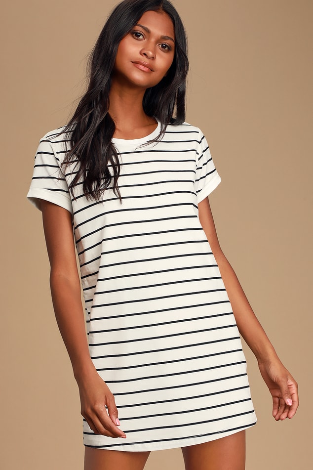 Black and Cream Striped Dress - Shirt Dress - Shift Dress - Lulus