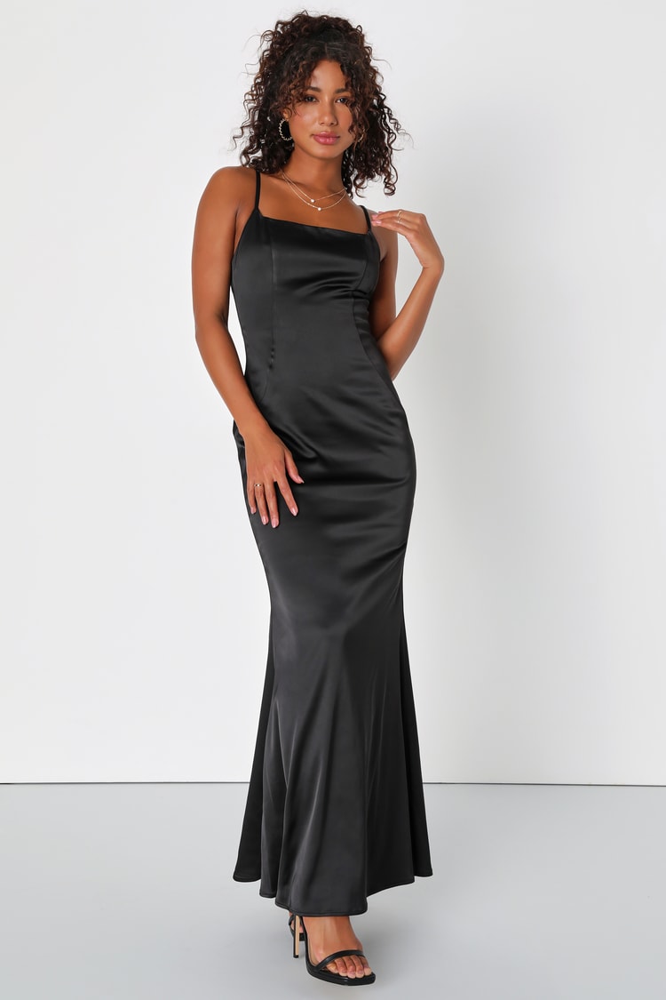 Black Satin Gown - Backless Maxi Dress - Black Mermaid Maxi Dress - Lulus