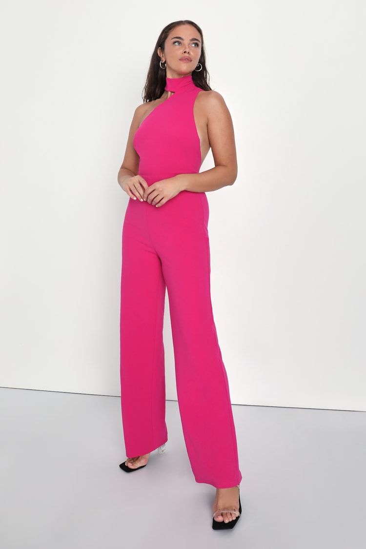 Hot Pink Jumpsuit - Asymmetrical Jumpsuit - Chic Halter Jumpsuit - Lulus