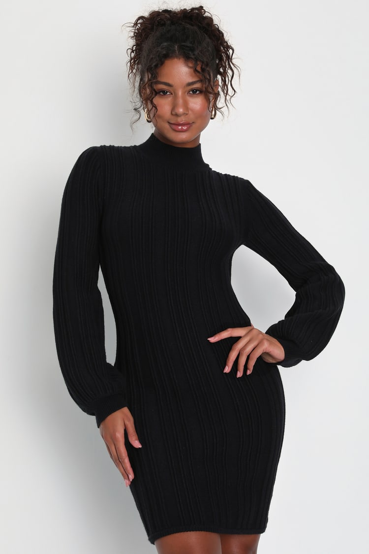 Black Ribbed Knit Dress - Black Sweater Dress - Mock Neck Dress - Lulus