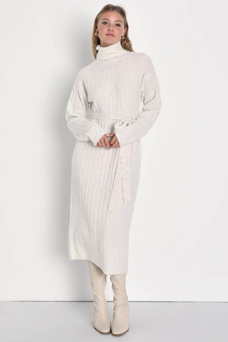 White Marled Knit Dress - Midi Sweater Dress - Turtleneck Dress - Lulus