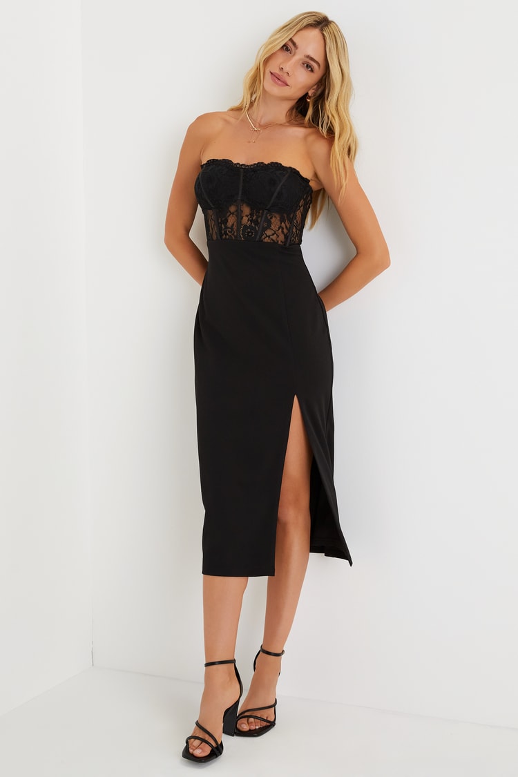 Black Lace Dress - Strapless Bustier Dress - Bustier Midi Dress - Lulus