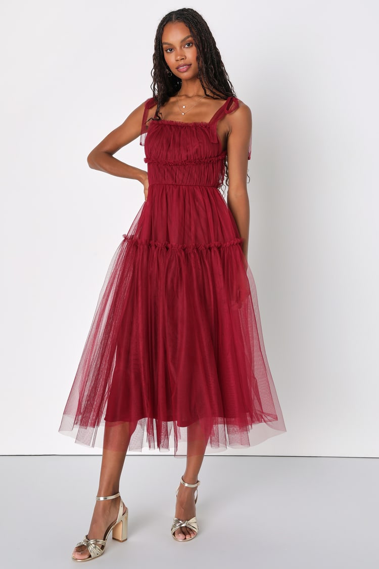 Burgundy Midi Dress - Tiered Tulle Dress - Tie-Strap Midi Dress - Lulus