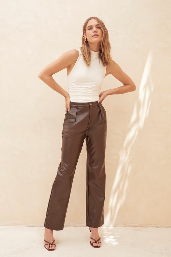 Dark Brown Pants Brown Vegan Leather Pants High Rise Pants Lulus