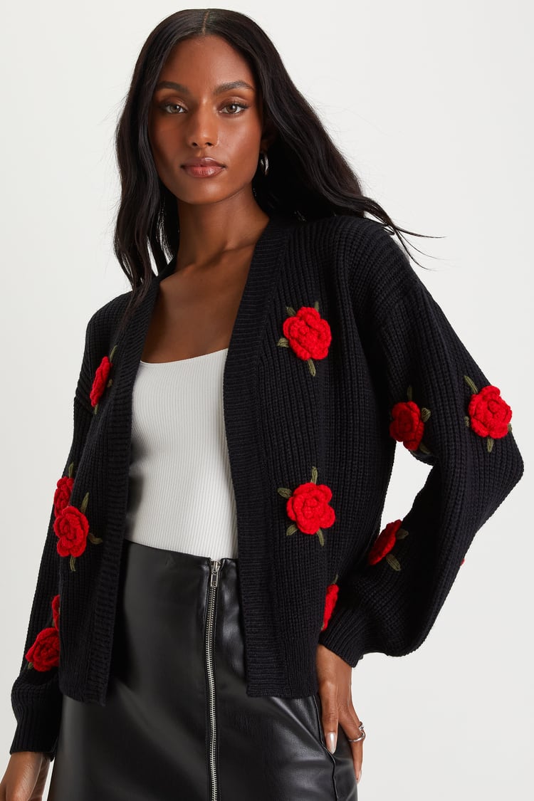 Black Rose Cardigan - 3D Floral Cardigan - Cardigan Sweater - Lulus