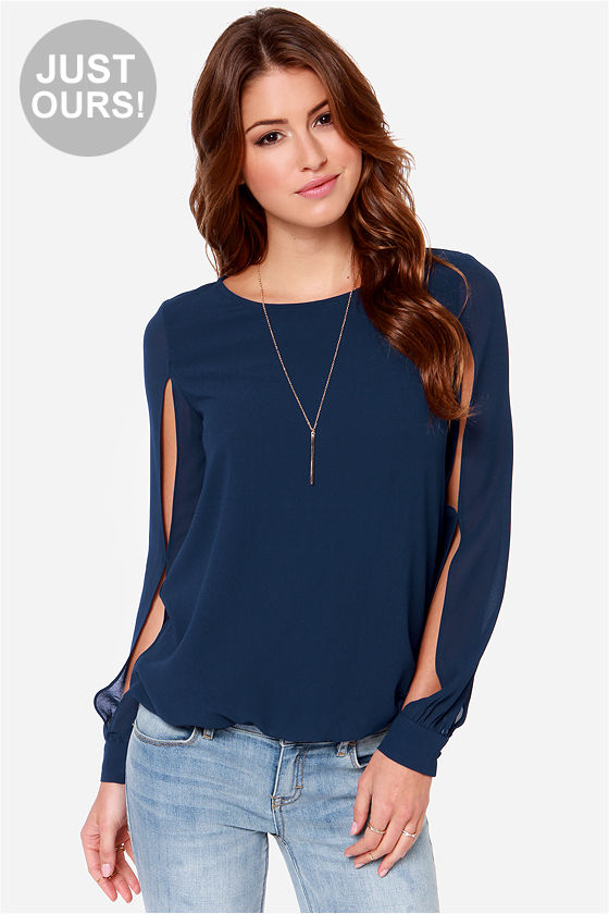 Navy Blue Top Navy Blue Blouse Long Sleeve Top 36 00 Lulus