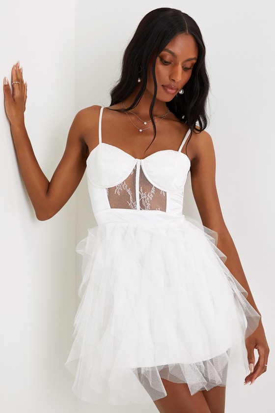 Lulus Sultry Drama White Sheer Lace Ruffled Tulle Bustier Mini Dress |  ModeSens
