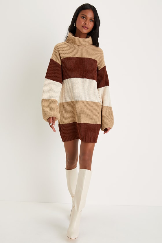 Striped Turtleneck Mini Knit Dress-