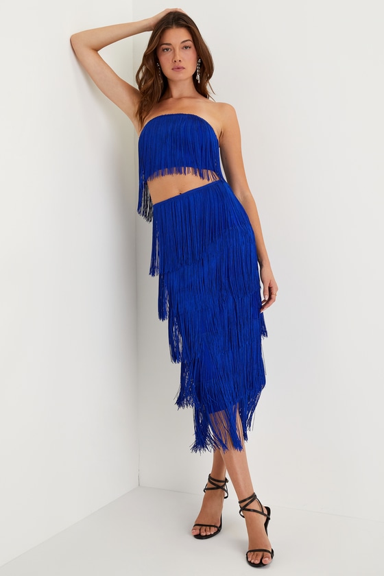 Royal Blue Two-Piece Dress - Blue Fringe Dress - 2PC Fringe Dress - Lulus