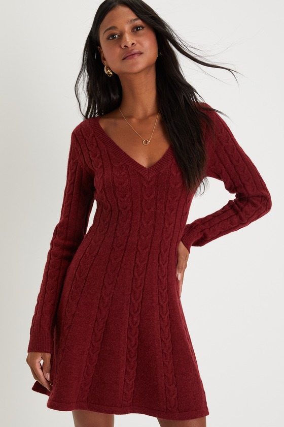 Burgundy Cable Knit Dress - Sweater Mini Dress - A-Line Dress - Lulus