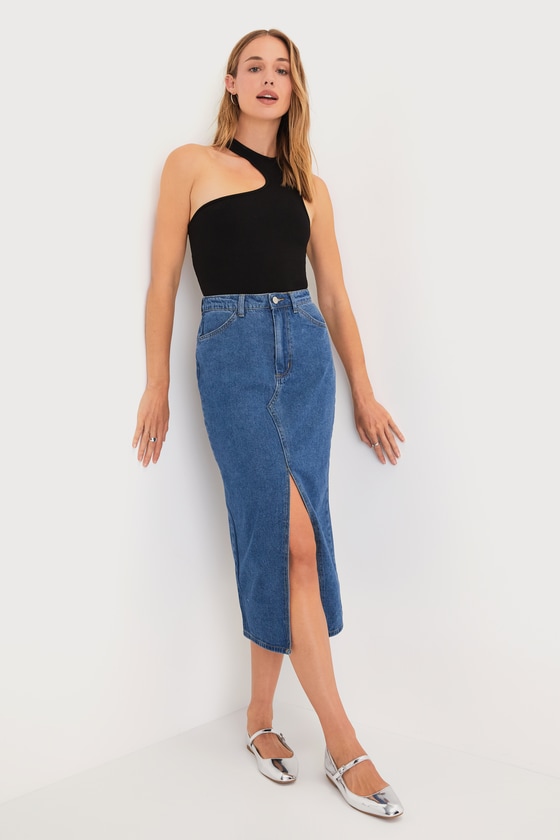 Medium Wash Denim Skirt - Jean Midi Skirt - Denim Skirt with Slit - Lulus