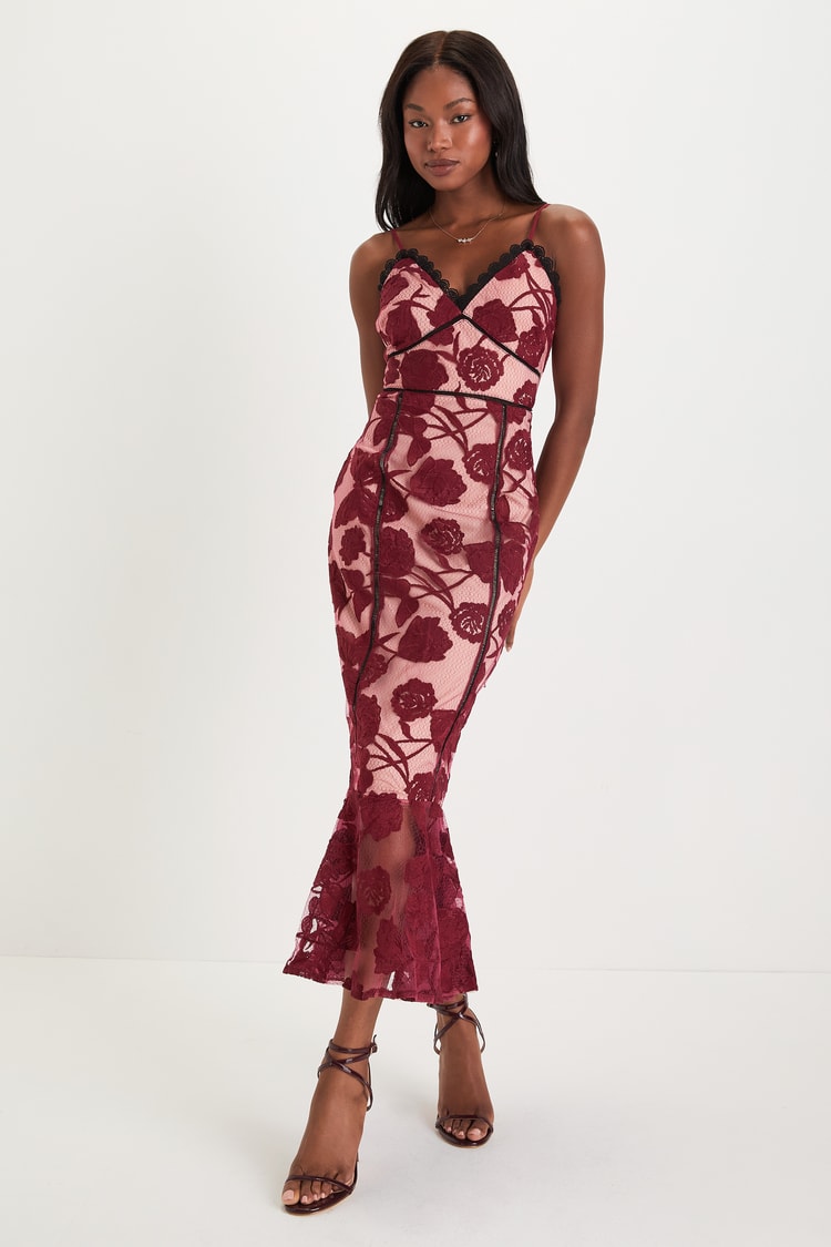Burgundy Midi Dress - Trumpet Dress - Floral Lace Dress - Lulus