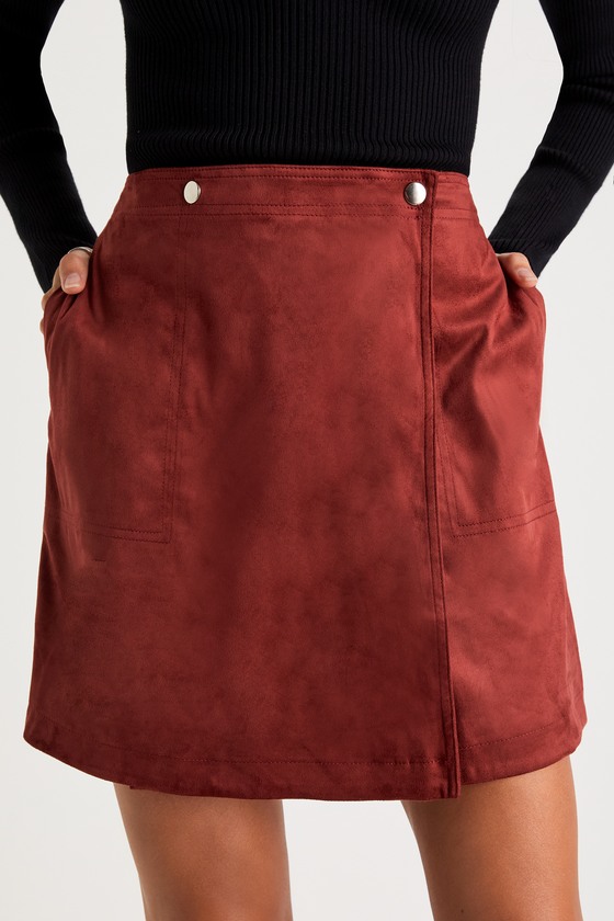 Let's Wrap It Up Burgundy Suede Wrap Mini Skirt