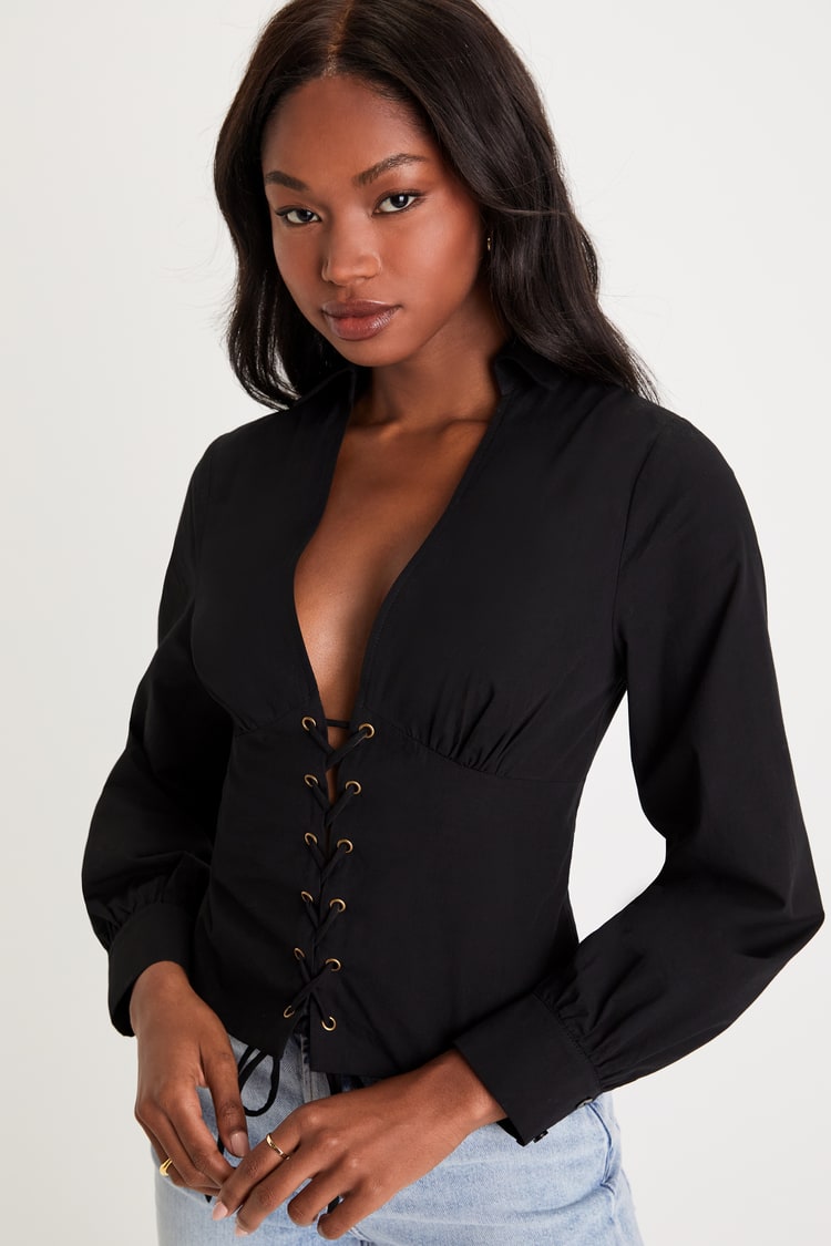 Black Lace-Up Top - Collared Top - Long Sleeve Top - Sexy Top - Lulus