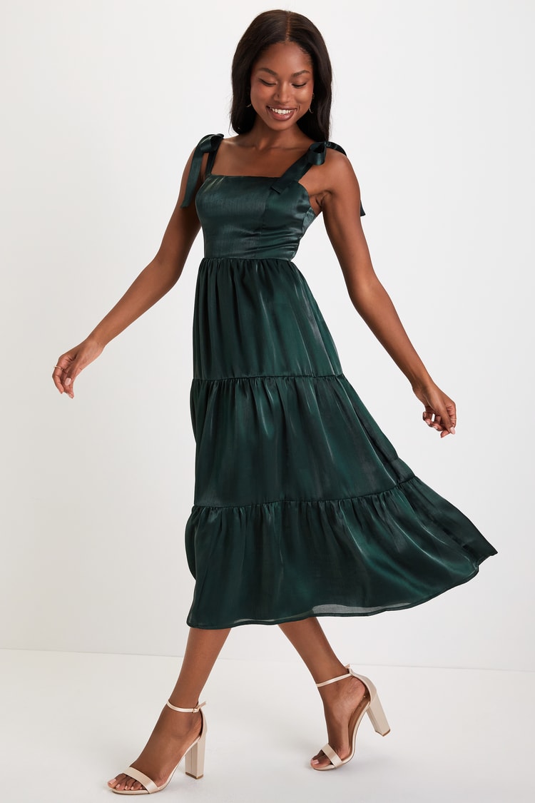 Shiny Green Midi Dress - Organza Dress - Tie-Strap Midi Dress - Lulus