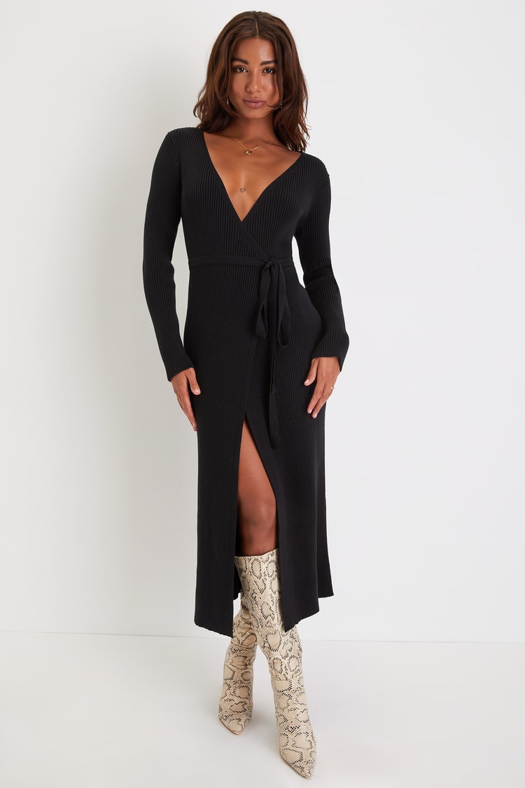 Black Ribbed Knit Dress - Black Sweater Dress - Long Sleeve Dress - Lulus