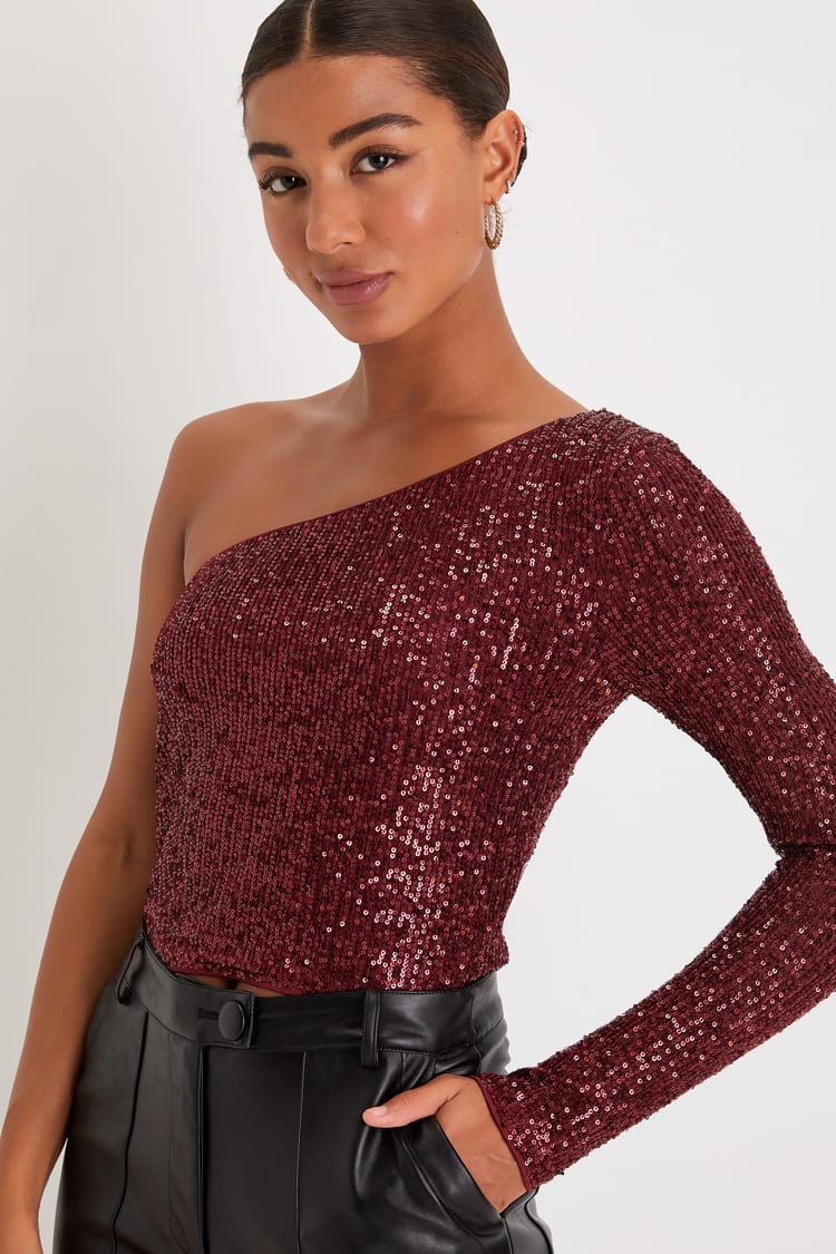 Burgundy Sequin Long Sleeve One-Shoulder Top | Womens | Medium (Available in L) | 100% Polyester | Lulus