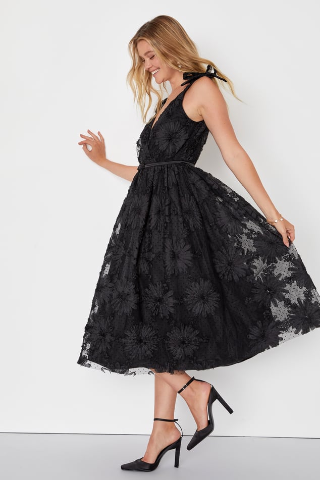 Black 3D Floral Applique Sleeveless Midi Dress | Womens | Small (Available in M, L) | 100% Polyester | Lulus