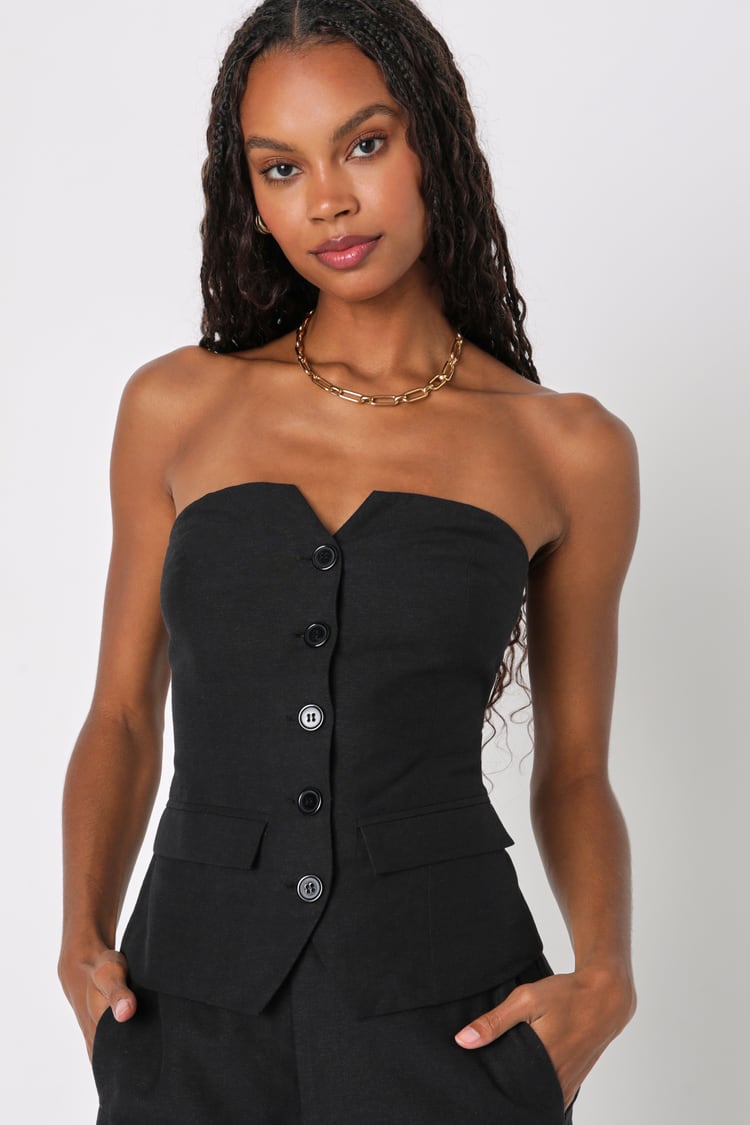Black Linen Vest Top - Strapless Vest Top - Button-Up Vest Top - Lulus