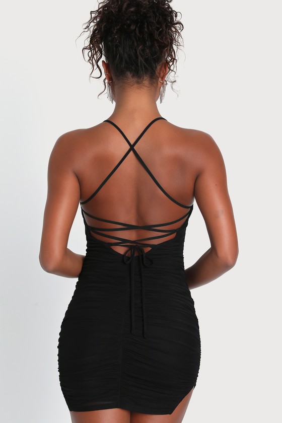 Effortlessly Intriguing Black Mesh Ruched Lace-Up Mini Dress