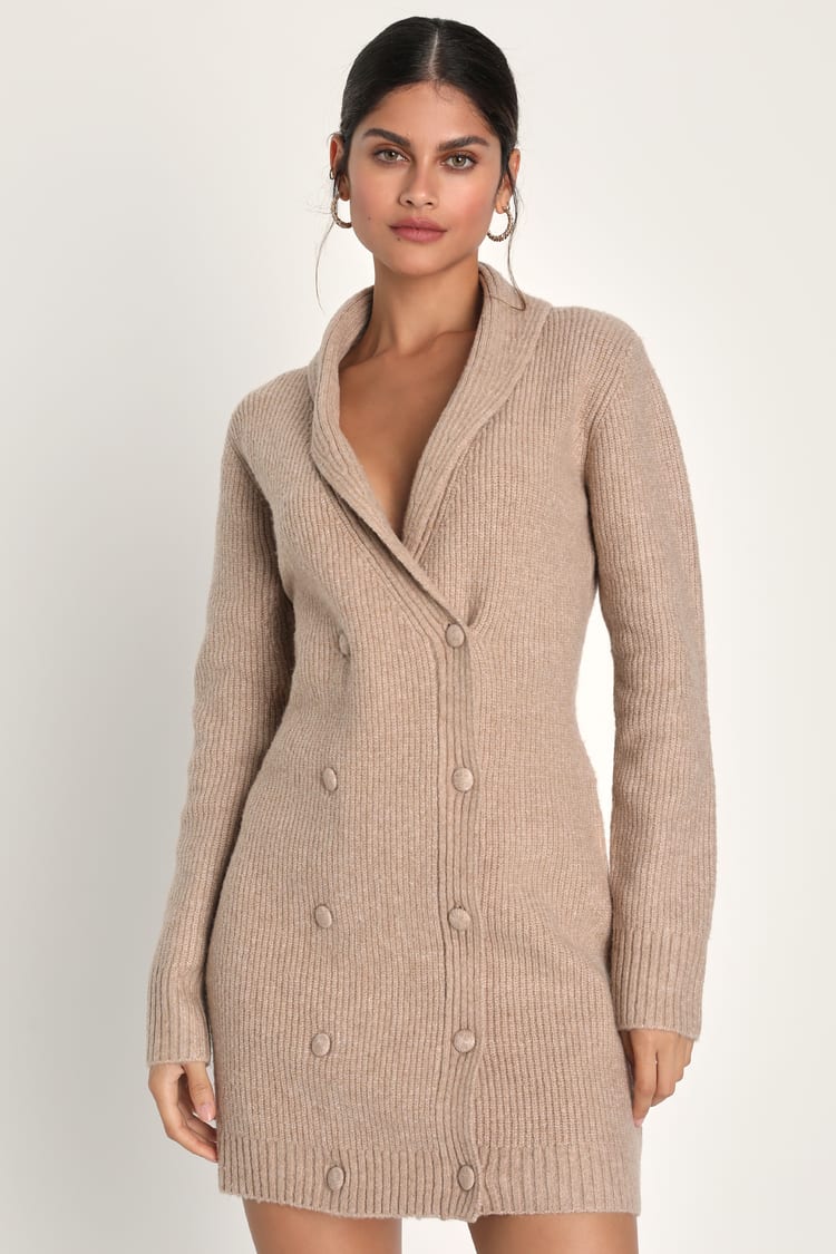 Beige Button-Front Dress - Cardigan Blazer Dress - Sweater Dress - Lulus