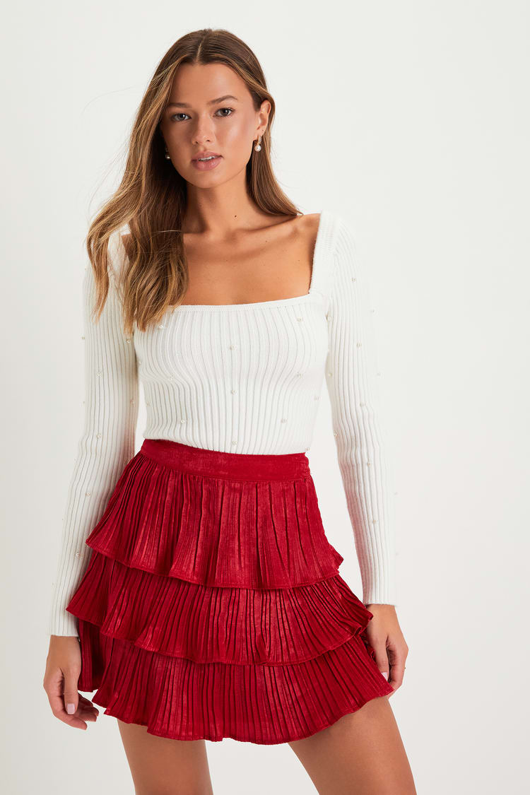 Red Mini Skirt - Satin Plisse Skirt - Tiered Mini Skirt - Lulus