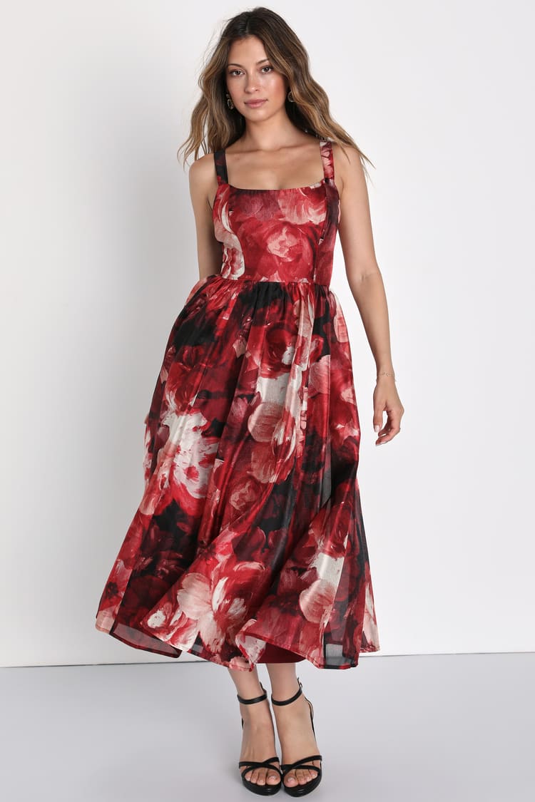 Red and Black Floral Dress - Sleeveless Dress - Midi Skater Dress - Lulus