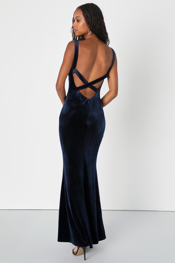 Perfectly Classy Navy Blue Velvet Strappy Maxi Dress